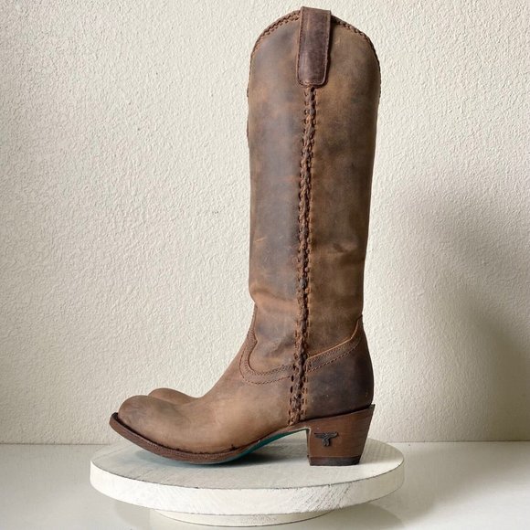 Lane PLAIN JANE Womens Western Boots 7 Brown Leather Cowboy Round Toe 16" Tall - Picture 4 of 9